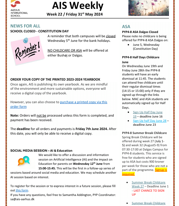 AIS Newsletter Week 22